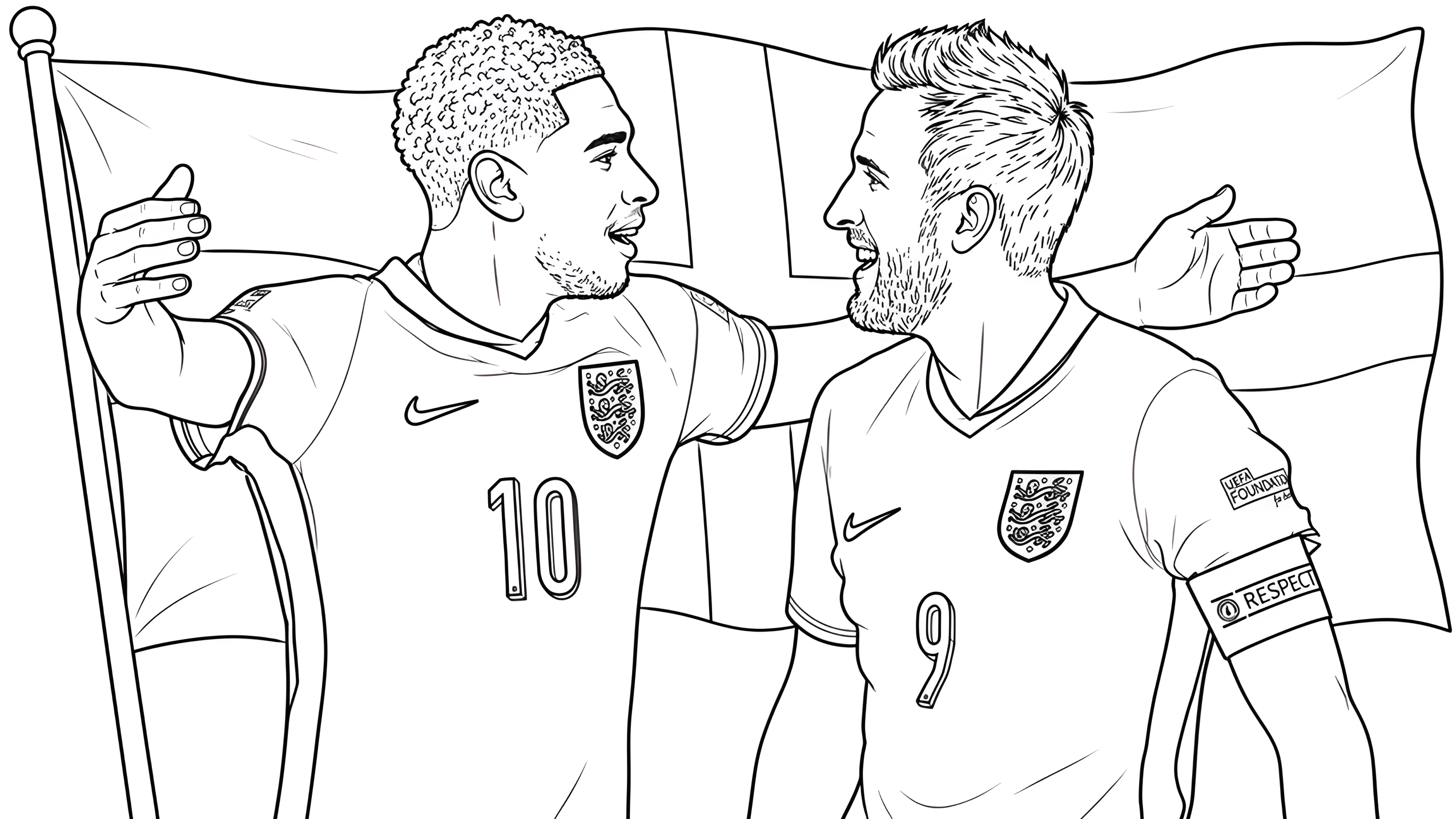 9 numaralı Harry Kane ve 10 numaralı Jude Bellingham, İngiltere bayrağının önünde birbirine sarılmış. Boyama sayfası.