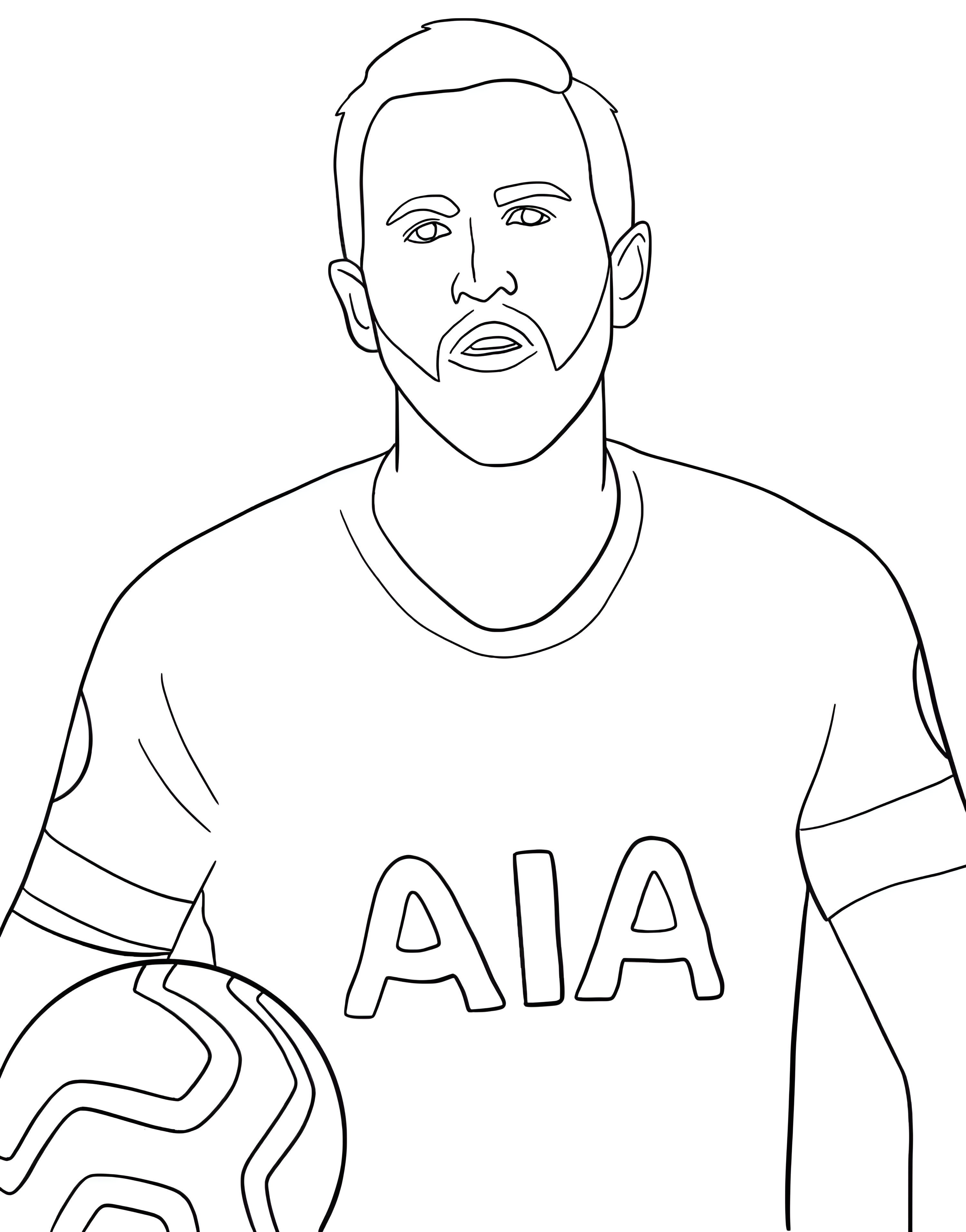 Sakallı Harry Kane, göğsünde AIA yazan Tottenham forması ve yanındaki topla birlikte bir boyama sayfasında.