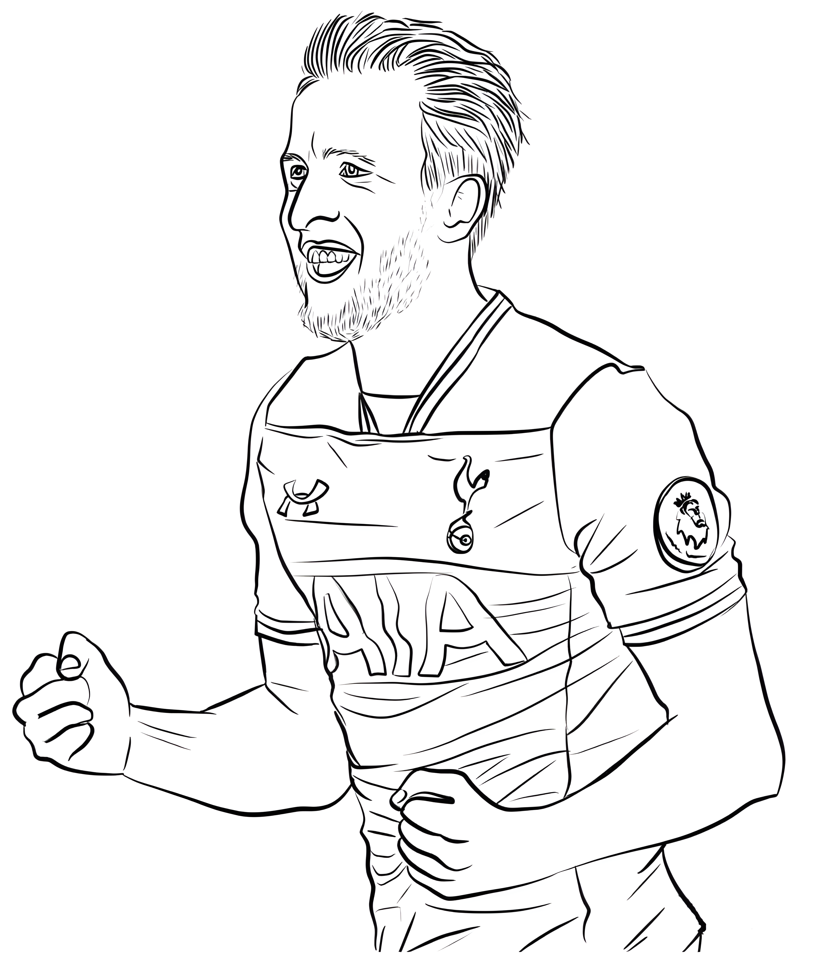 Harry Kane, AIA sponsorlu eski Tottenham formasıyla yumruklarını sıkarak gülümsüyor. Yazdırılabilir boyama sayfası.